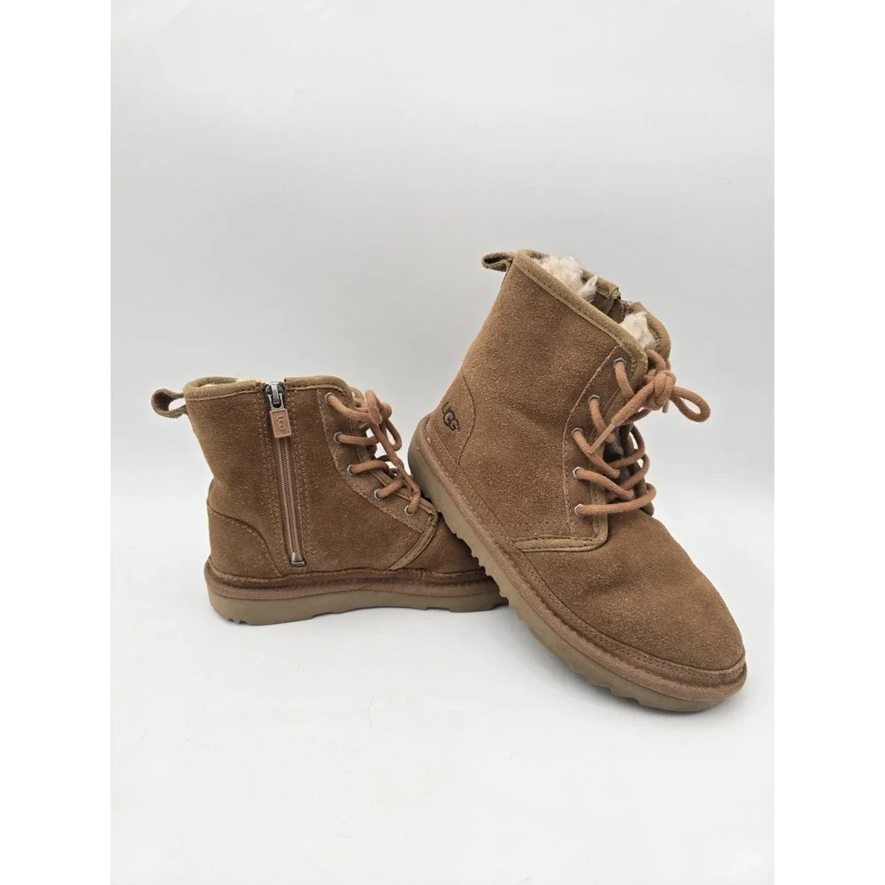 Uggs Harkley Boots Girls Size 3 Chestnut Brown 1017326K Zip Up Lace Up